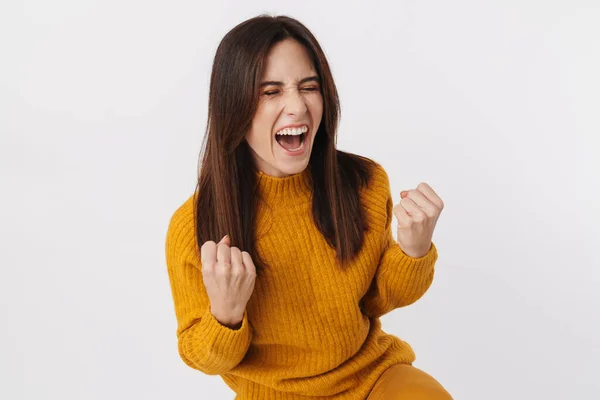 Bild Einer Aufgeregten Brünetten Erwachsenen Frau Pullover Die Die Fäuste — Stockfoto