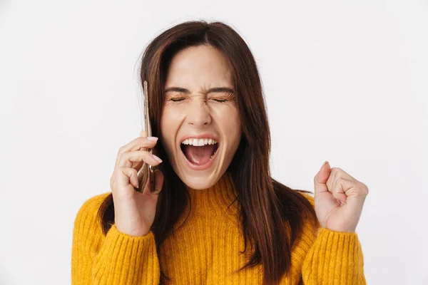 Afbeelding Van Mooie Brunette Volwassen Vrouw Dragen Trui Schreeuwen Praten — Stockfoto