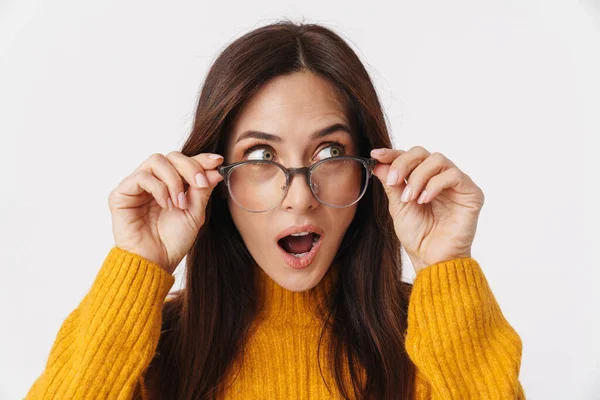 Bild Der Schönen Brünetten Erwachsenen Frau Trägt Brille Ausdruck Überraschung — Stockfoto