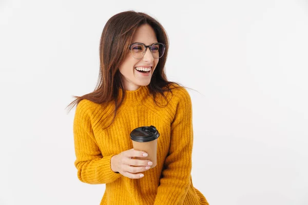 Bild Der Schönen Brünetten Erwachsenen Frau Trägt Brille Lachen Und — Stockfoto