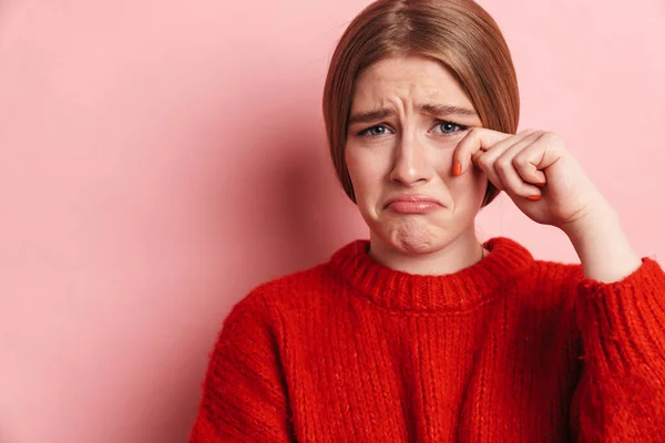 Imagem Triste Mulher Jovem Negativo Posando Isolado Sobre Fundo Parede — Fotografia de Stock