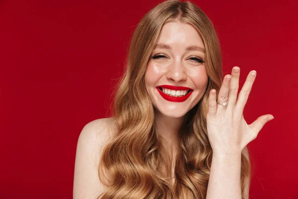 Image Young Cheerful Smiling Woman Posing Isolated Red Wall Background — Stock Photo, Image