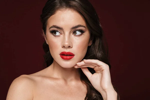 Bild Vackra Skjorta Kvinna Med Vacker Makeup Tittar Sidan Isolerad — Stockfoto