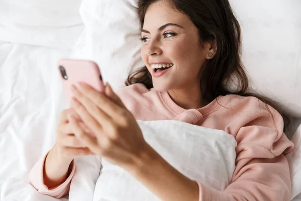 Top View Cheerful Lovely Young Girl Wearing Pajamas Laying Bed — Stock Photo, Image