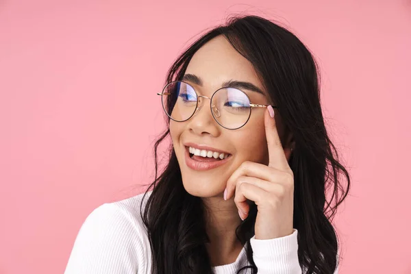 Immagine Giovane Donna Asiatica Bruna Che Indossa Occhiali Vista Sorridenti — Foto Stock