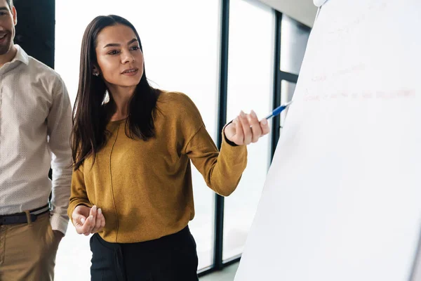 Beeld Van Zelfverzekerde Jonge Vrouwelijke Mannelijke Collega Die Bij Flip — Stockfoto