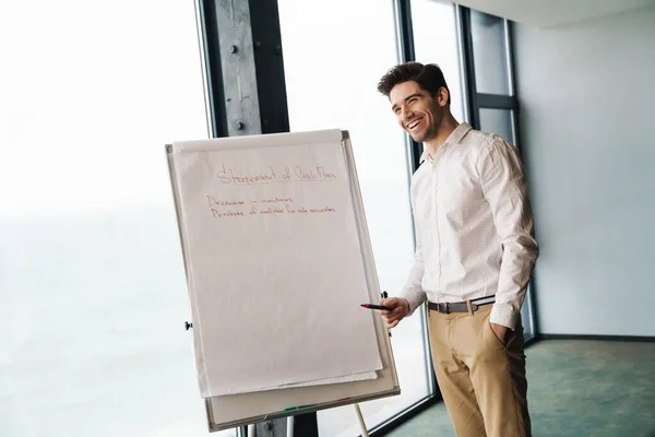 Portrait Handsome Young Businessman Wearing White Shirt Standing Flipchart While — Stock Photo, Image