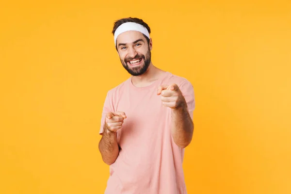 Image Muscular Athletic Young Man Shirt Smiling Pointing Fingers Isolated — Stock Photo, Image