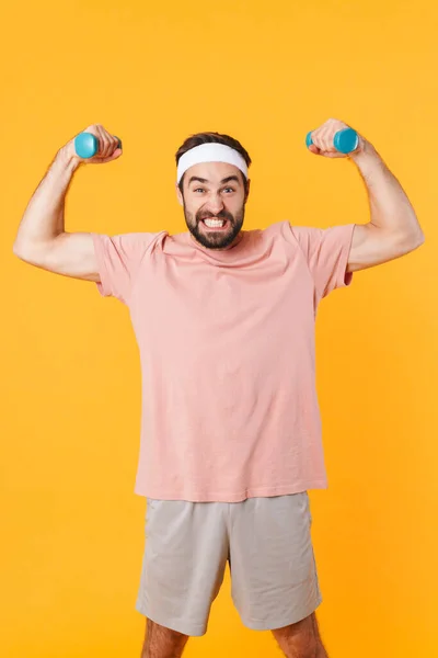 Image Muscular Athletic Young Man Shirt Having Fun Lifting Dumbbells — Stock Photo, Image