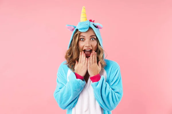 Image Caucasian Excited Woman Unicorn Costume Screaming While Expressing Surprise — Stock Photo, Image