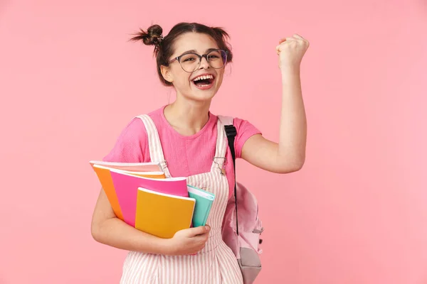 Foto Van Verrukt Charmant Meisje Bril Met Oefenboeken Het Maken — Stockfoto