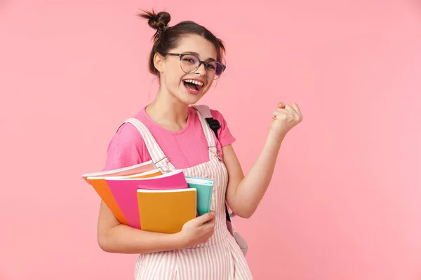 Foto Van Verrukt Charmant Meisje Bril Met Oefenboeken Het Maken — Stockfoto