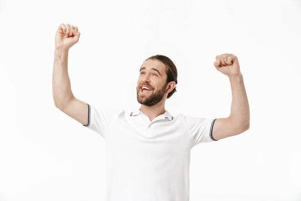 Image Optimistic Positive Happy Young Handsome Bearded Man Posing Isolated — Stock Photo, Image