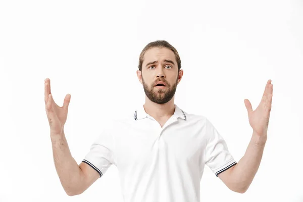 Photo Confused Displeased Shocked Young Handsome Bearded Man Posing Isolated — Stock Photo, Image