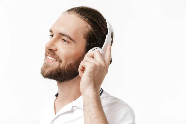 Image Cheerful Happy Young Handsome Bearded Man Posing Isolated White — Stock Photo, Image