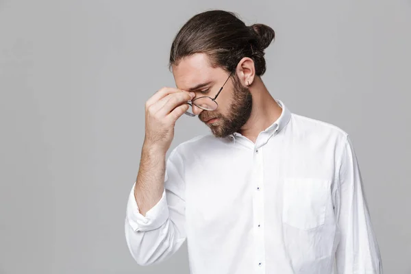 Image Young Stressed Handsome Bearded Man Posing Isolated Grey Wall — Stock Photo, Image