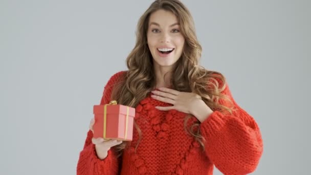 Joyful Happy Wondered Young Woman Holding Red Gift Box Rejoices — Stock Video