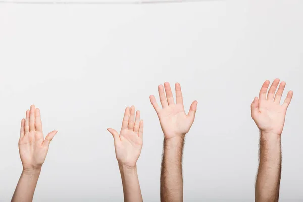 Крупный План Мужчины Женщины Поднятые Руки Изолированы Фоне Белой Стены — стоковое фото