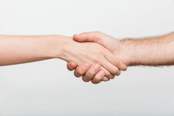 Closeup Picture Man Woman Shaking Hands Isolated White Wall Background — Stock Photo, Image