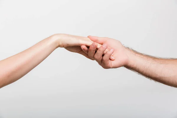 Närbild Bild Gentleman Som Håller Kvinnans Hand Isolerad Över Vit — Stockfoto