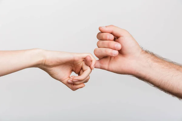 Closeup Image Man Woman Hands Holding Little Fingers Each Other — Stock Photo, Image