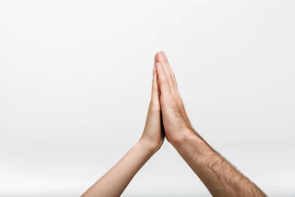 Closeup Image Man Woman Hands Give High Five Each Other — Stock Photo, Image