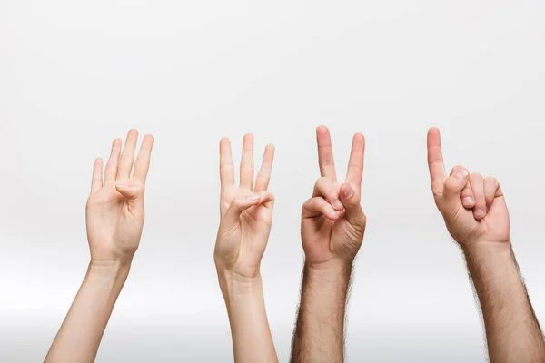 Closeup Photo Man Woman Hands Isolated White Wall Background Showing — Stock Photo, Image