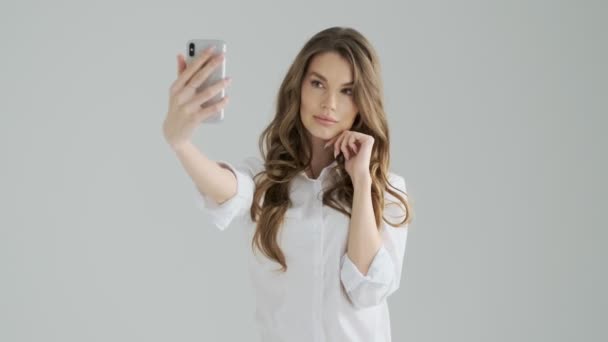 Charming Young Woman Making Selfie Photo Isolated Gray Background Studio — Stock Video