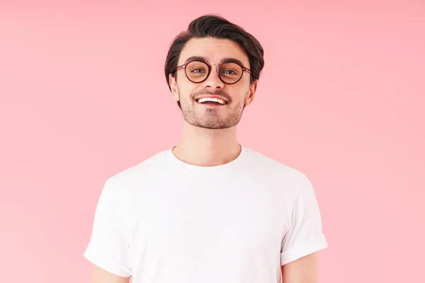 Image Handsome Cheerful Man Wearing Eyeglasses Smiling Looking Camera Isolated — Stock Photo, Image