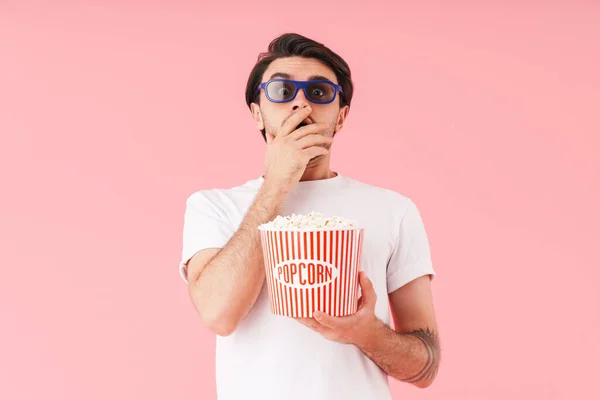 Image Homme Effrayé Choqué Portant Des Lunettes Manger Pop Corn — Photo