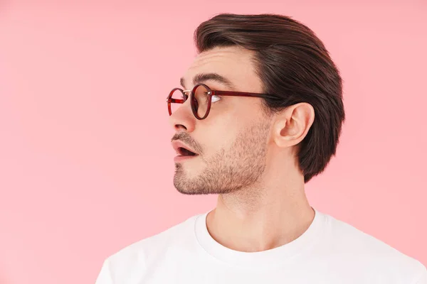 Obrázek Profilu Překvapeného Bělocha Muž Nosí Brýle Úsměvem Těší Izolované — Stock fotografie