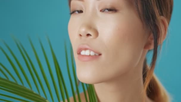 Attractive Young Asian Woman Posing Plant Leaf Camera While Holding — Stock Video