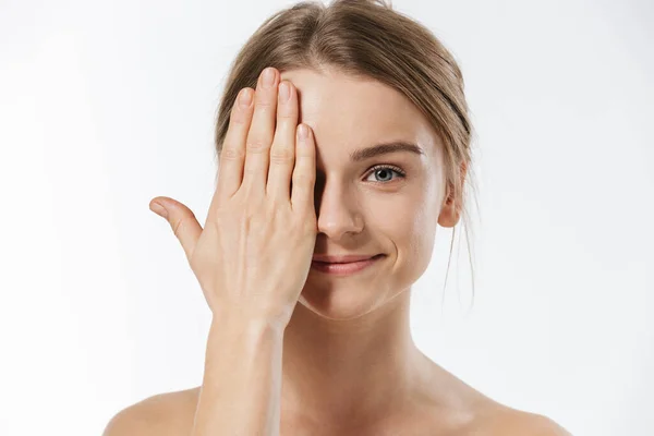 Schoonheid Portret Van Prachtige Jonge Blonde Half Naakte Vrouw Die — Stockfoto