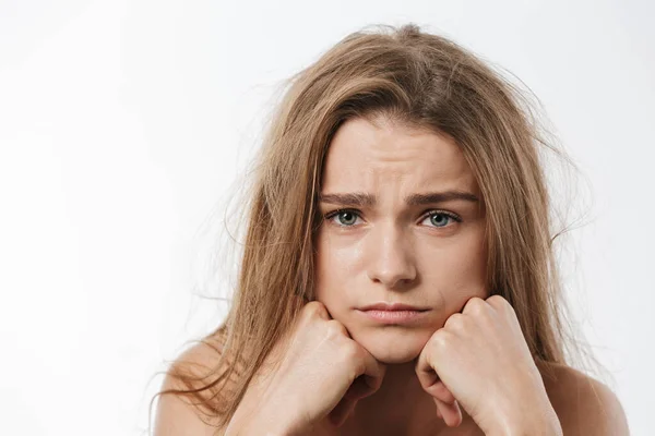 Beauty Portrait Gorgeous Young Blonde Half Naked Woman Being Upset — Stock Photo, Image