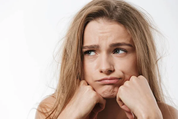 Schoonheid Portret Van Prachtige Jonge Blonde Halfnaakte Vrouw Wordt Boos — Stockfoto