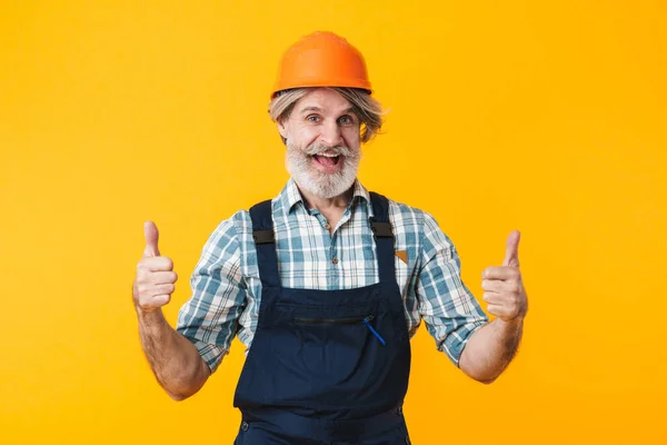 Photo Cheerful Elderly Grey Haired Bearded Man Builder Helmet Posing — Stock Photo, Image