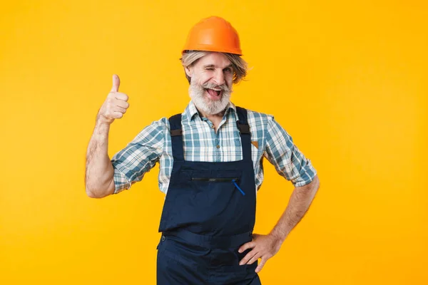 Imagen Anciano Positivo Pelo Gris Hombre Barbudo Constructor Casco Posando — Foto de Stock