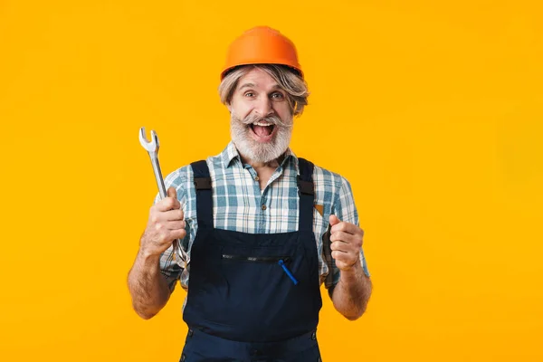 Imagem Positivo Surpreendido Idoso Cinza Cabelos Barbudos Homem Construtor Capacete — Fotografia de Stock