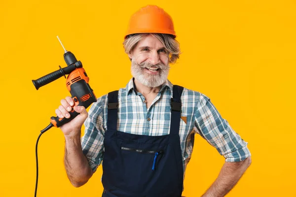 Imagem Feliz Positivo Idoso Cinza Cabelos Barbudos Homem Construtor Capacete — Fotografia de Stock