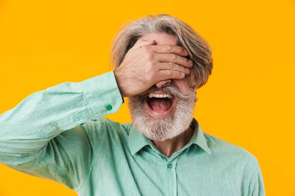 Bild Eines Schreienden Älteren Grauhaarigen Mannes Blauem Hemd Der Isoliert — Stockfoto