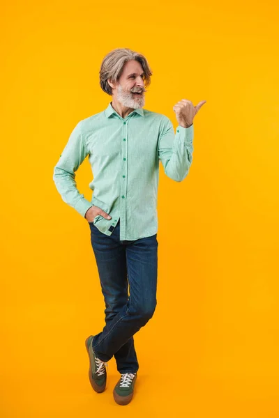 Image Happy Elderly Grey Haired Bearded Man Blue Shirt Posing — Stock Photo, Image