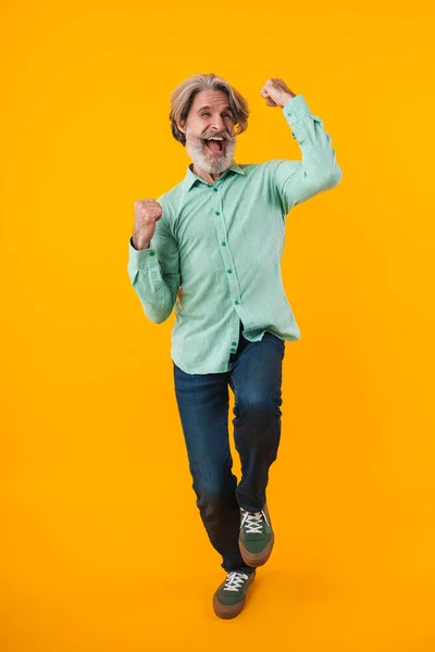 Image Positive Elderly Grey Haired Bearded Man Blue Shirt Posing — Stock Photo, Image