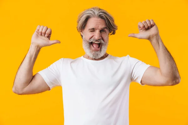 Immagine Felice Anziano Dai Capelli Grigi Uomo Barbuto Posa Isolato — Foto Stock