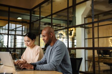 Çok ırklı genç kadın ve erkek iş arkadaşlarının masada oturup ofiste dizüstü bilgisayarlar üzerinde çalışması