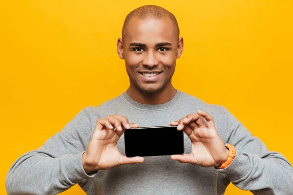 Portrait Attractive Smiling Confident Casual Young African Man Standing Yellow — Stock Photo, Image