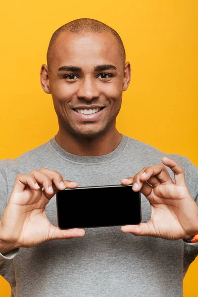 Portrait Attractive Smiling Confident Casual Young African Man Standing Yellow — Stock Photo, Image