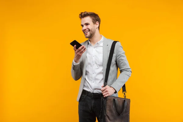 Handsome Smiling Young Businessman Wearing Jacket Standing Isolated Yellow Background — Stock Photo, Image