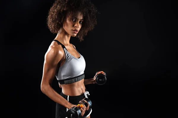 Image Strong African American Sportswoman Doing Exercise Dumbbells Isolated Black — Stock Photo, Image