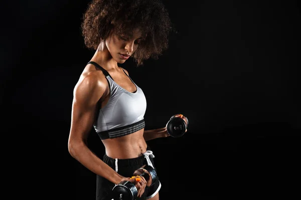 Image Attractive African American Sportswoman Doing Exercise Dumbbells Isolated Black — Stock Photo, Image