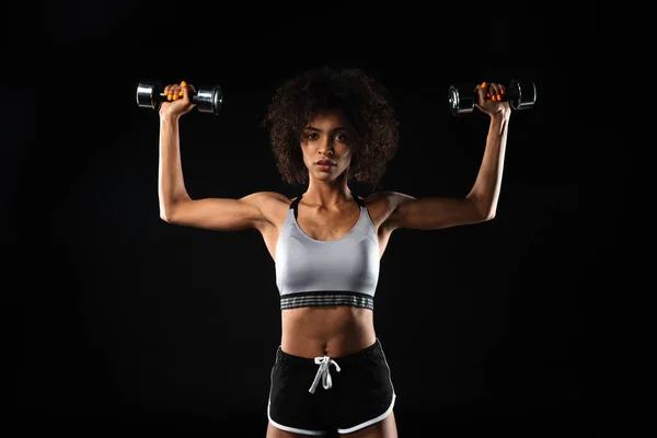 Image Attractive African American Sportswoman Doing Exercise Dumbbells Isolated Black — Stock Photo, Image